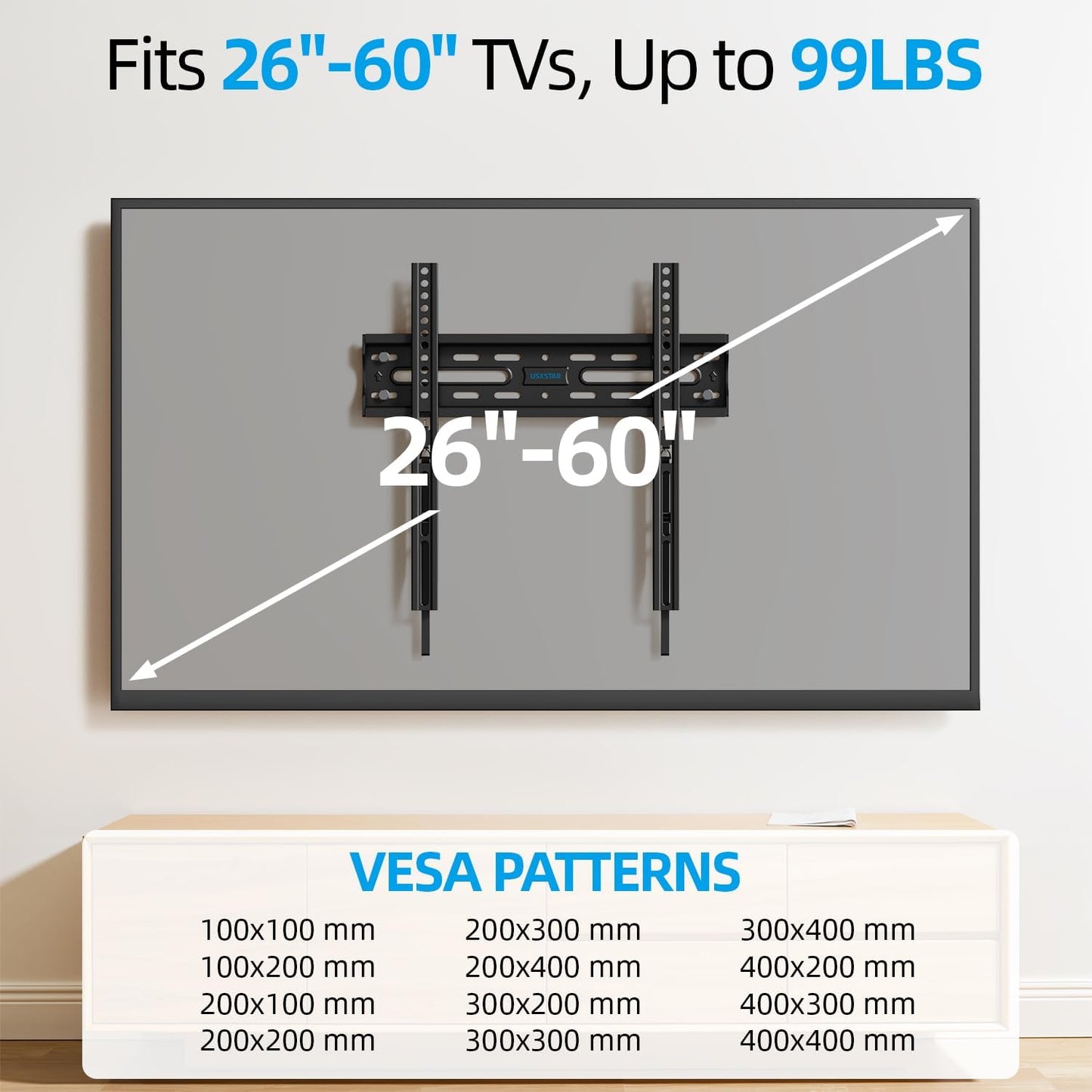 USX STAR Fixed TV Wall Mount - Ultra Slim Design for 26-60 Inch Screens | Quick Release Lock, Max VESA 400x400mm, Supports 99 lbs
