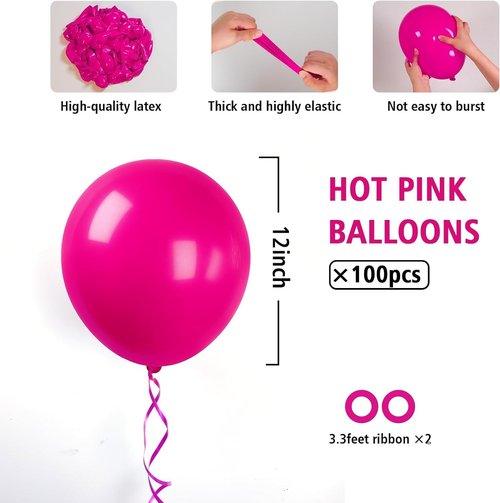 BAUANOOY Hot Pink Balloons - 100pcs 12-Inch Bright Latex Balloons with Ribbon for Parties & Events