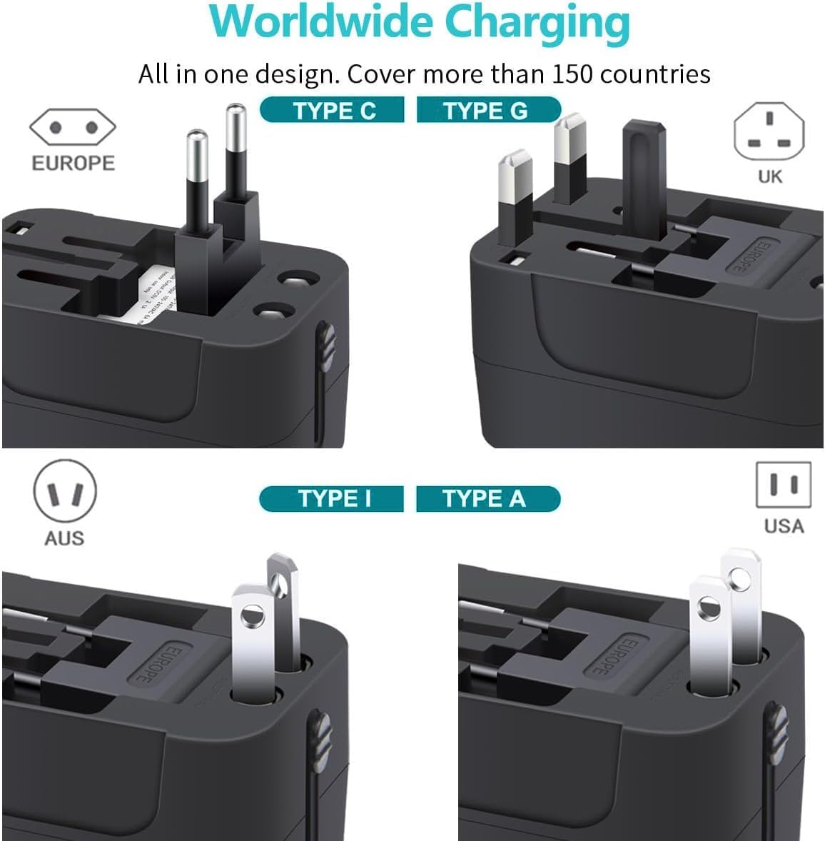 Zinalop MP3s Travel Adapter, Universal Power Adapter Worldwide Wall AC Power Plug Converter Travel Charger with Type-C