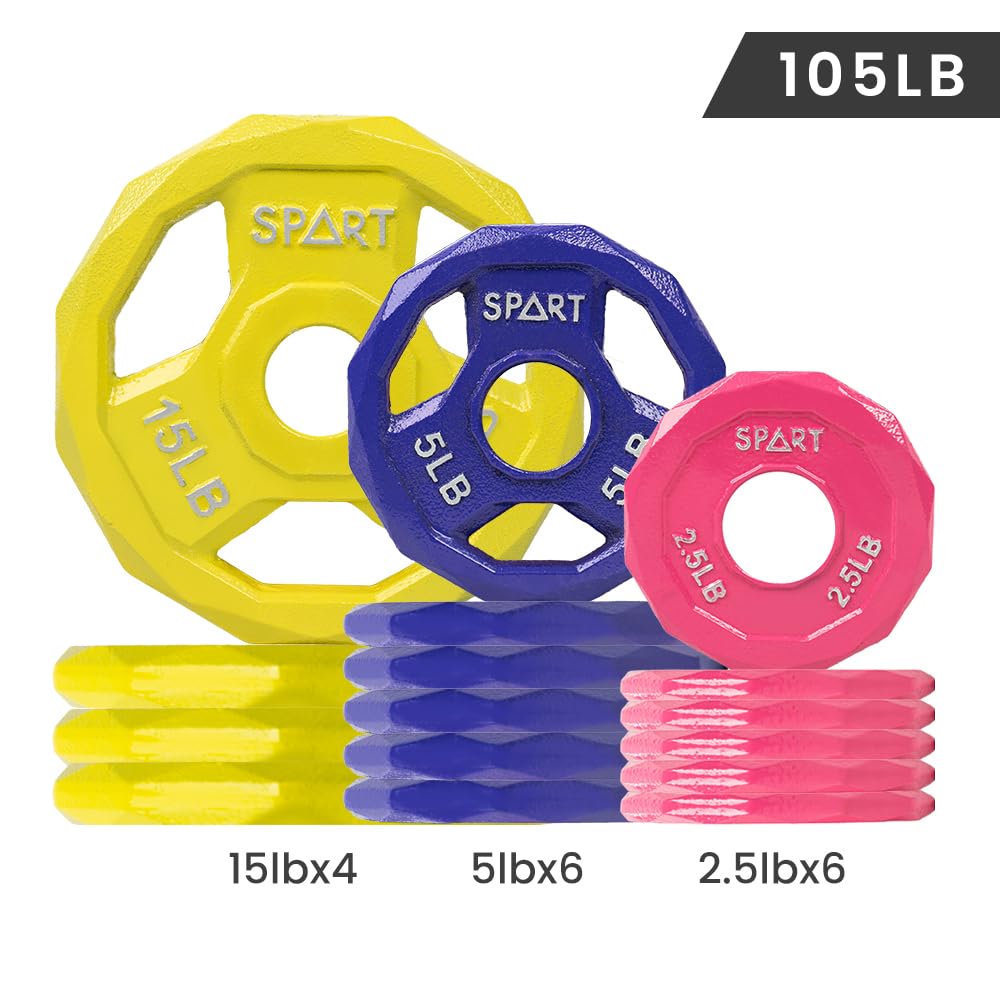 SPART Color Coded Weight Plate 105LB Combo Set, 2-Inch Cast Iron Metal Weight Plates for Barbell,Solid Cast Iron Olympic Weight Plates for Strength Training, Weightlifting, Crossfit