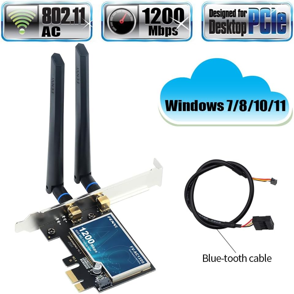 F FENVI AC1200 2.4GHz 5GHz 4.0, 11/10/8/7 FENVI Wireless WiFi PCIe Card for Desktop PC, Dual Band & with Bluetooth Low