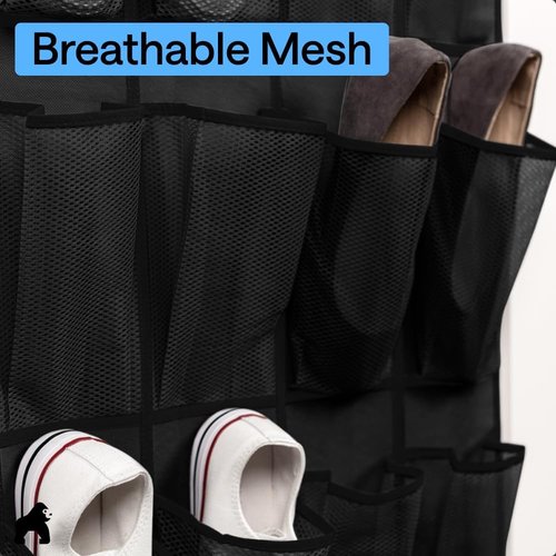 GORILLA GRIP Over The Door Shoe Organizer - 24 Extra Large Breathable Mesh Pockets | Space-Saving Black Storage Solution