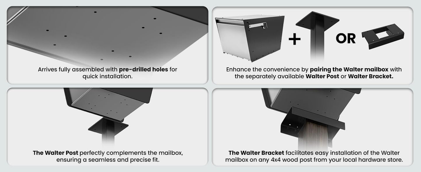 Movo Home Walter Post Mount Mailbox, Modern Curbside Stainless Steel, Large Locking, Black