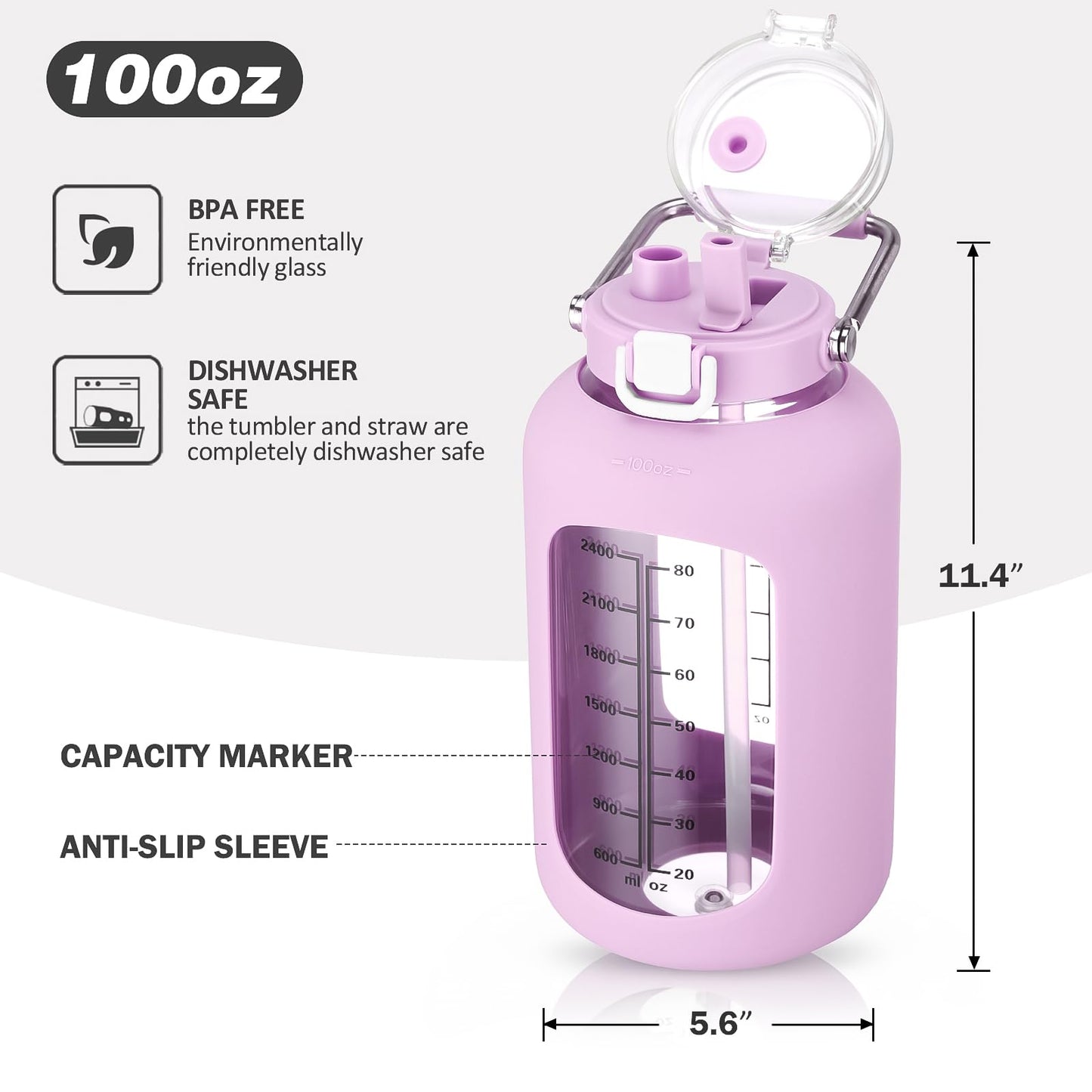 MUKOKO 100oz Glass Water Bottle with Time Marker and Silicone Sleeve 3L Large Water Jug with Stainless Steel Handle Gallon Drinking Bottle with 2-in-1 Lid Wide Mouth BPA Free, Purple