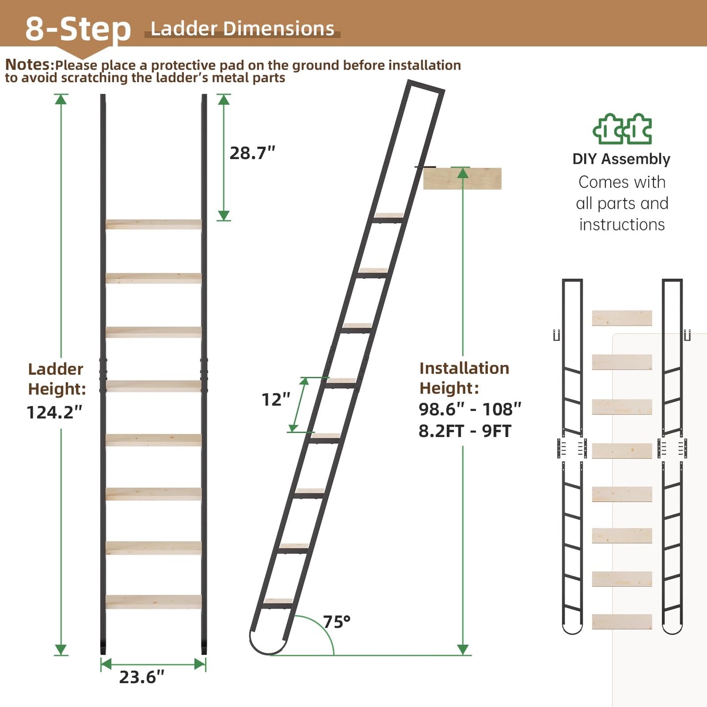 10.35FT Industrial Style Loft Ladder, 8 Steps with Black Steel Handrails & Solid Wood Steps, 450lbs Capacity, Fits 8.2-9FT Installation Height,for Attic, Kitchen, Warehouse, Bookshelf& Outdoor