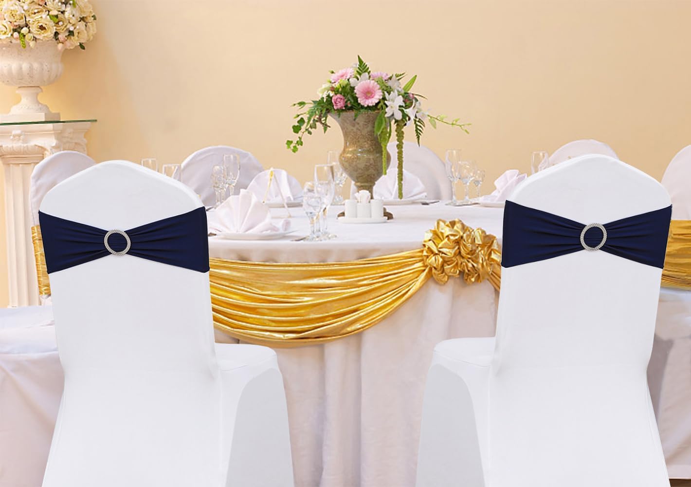 Skiennix 50 Pack Navy Blue Spandex Chair Sashes - Stretch Bands with Buckles for Weddings & Events