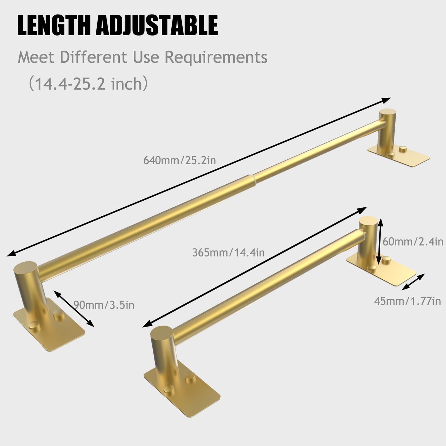 MIROAMZ Towel Bar, 14inch to 25inch Adjustable Towel Holder Rod, Self Adhesive Wall Mounted Hand or Body Towel Rack for Bathroom Kitchen, Stainless Steel Organizer Single Bar (Gold, 1 Pack)