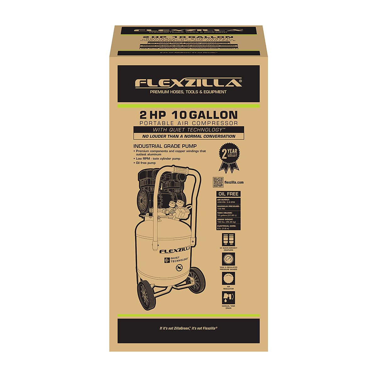 Flexzilla Portable Air Compressor with Quiet Technology, 2 HP, 10 Gallon, Industrial Grade Pump - CB20100F