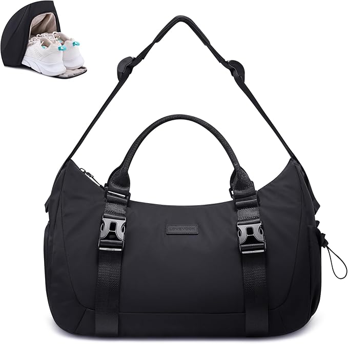 LOVEVOOK Gym Bag for Women Men, duffle bag for travel with shoe compartment, Small Gym Tote Dry Wet Separation, Multipurpose Weekender Overnight Bag, Lightweight Carry On Bags, Black