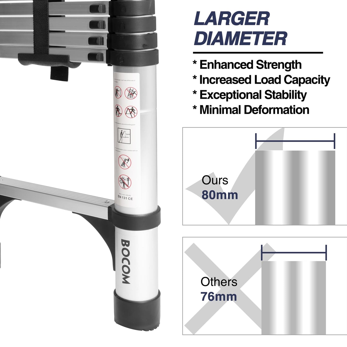 BOCOM 14.5 FT Aluminum Telescoping Ladder, Lightweight Multi-Purpose Collapsible Extension with 2 Triangle Stabilizers, Heavy Duty 330 lbs Max Capacity, Ideal for Home, RV, and Outdoor Work Silver