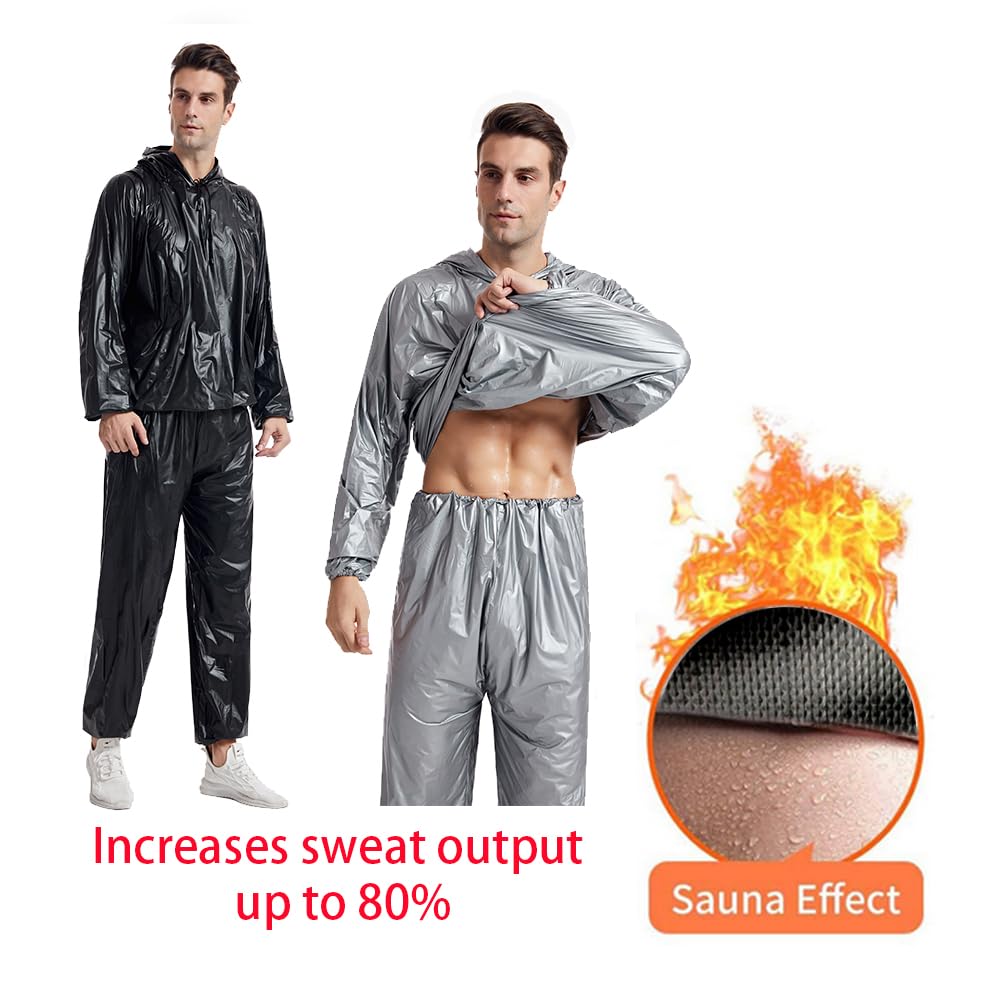 DawnBreak Sauna Sweat Suit for Women/Men with Hoodie Zipper Weight Loss Fitness Exercise Gym Workout Suit Top Pants Silver - 2XL