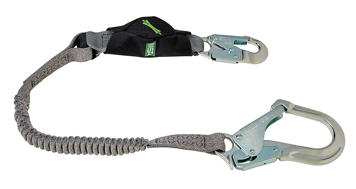 MSA 10193554 V-Series Stretch Shock Absorbing Lanyard - 6', Single-Leg, 36CL Large Snaphooks, Stretchable Length, Polyester Web, Durable, Energy Absorbing Lanyard