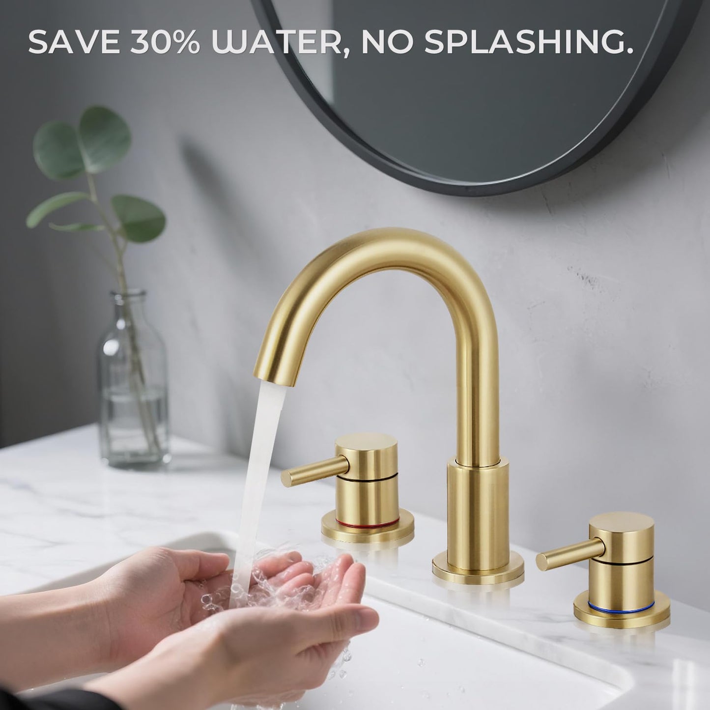 IUERASD Bathroom Faucet 3 Hole, Brushed Gold Bathroom Sink Faucet with Pop Up Drain, 8 inch Widespread Bathroom Faucet with 360° Swivel Spout, 2 Handle Vanity Faucet with Water Supply Hoses