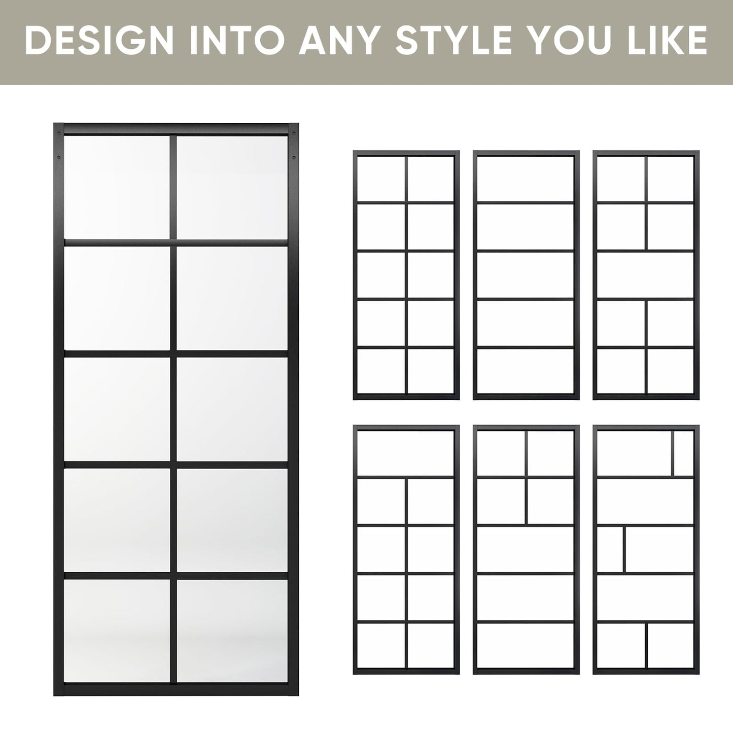 Jubest DIY Glass Sliding Closet Kitchen Door, 36in x 84in Modern French 5-Lite Clear Tempered Glass Aluminum Frame, Easy Assembly