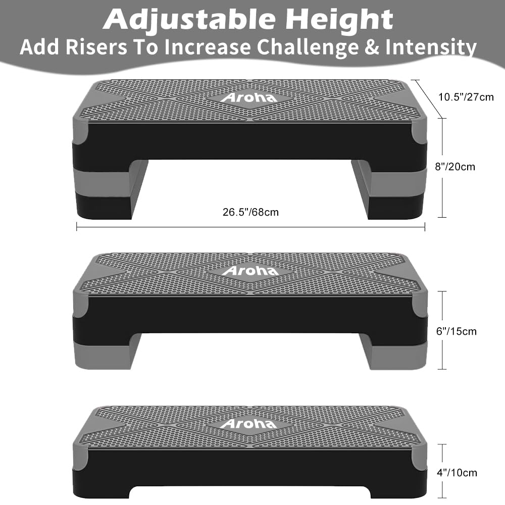 Aroha Heavy Duty Aerobic Step Platform, Non Slip Adjustable Height Exercise Step Trainer, Durable Home Gym Cardio Workout Equipment for Men Women Beginner to Professional (Gray)