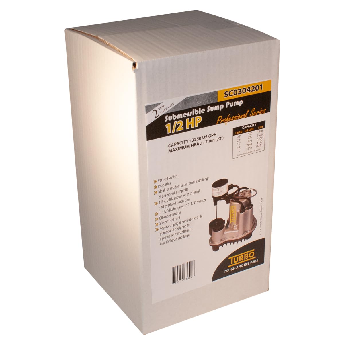 Turbo 1/2HP Cast Iron Submersible Sump Pump with Vertical Switch