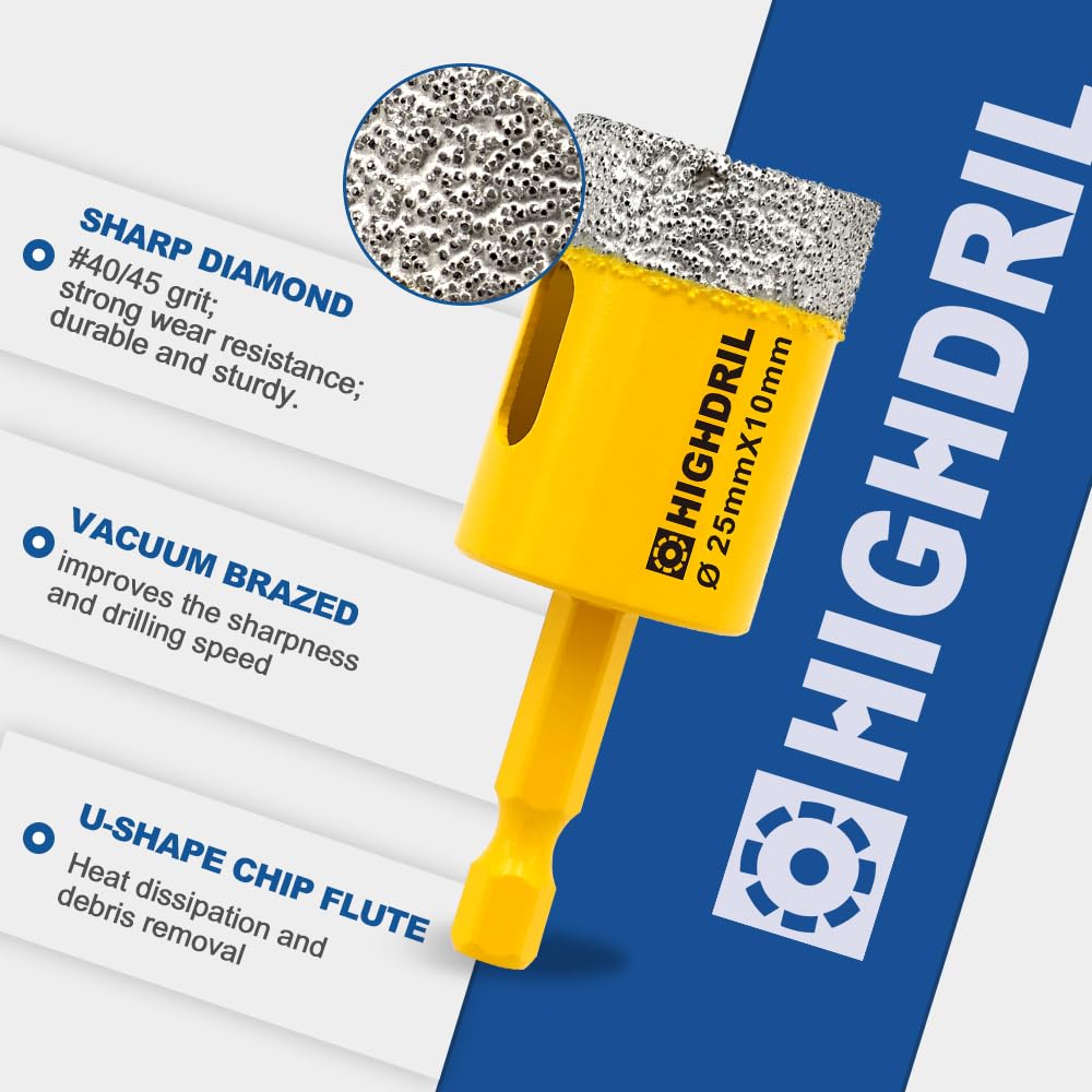 HIGHDRIL Diamond Drill Bits Kit with 5/8-11 for Porcelain Tile Ceramic Marble Brick Concrete Vacuum Brazed Hole Saw(6/8/10/20/35/50/65/100mm+50mm Chamfer Bit+20mm Finger Bit+Adapter)