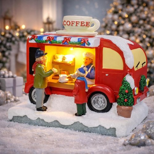 Moments In Time Christmas Coffee Truck Village Scene - Lighted LED Holiday Decor | Hand-Painted Polyresin