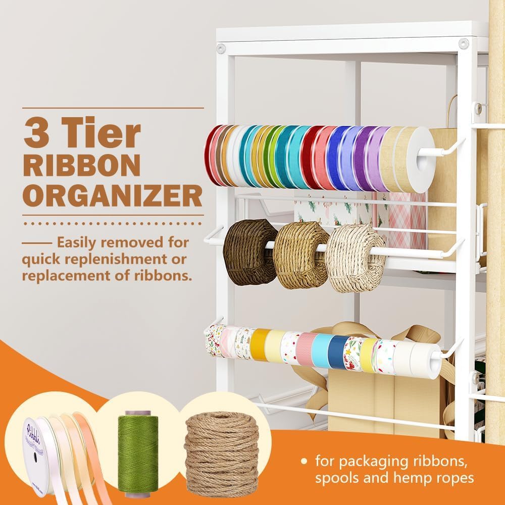 Wrapping Paper Organizer - Rolling Gift Wrap Cart with Wheels, 20 Roll Holders & 3 Drawers | White