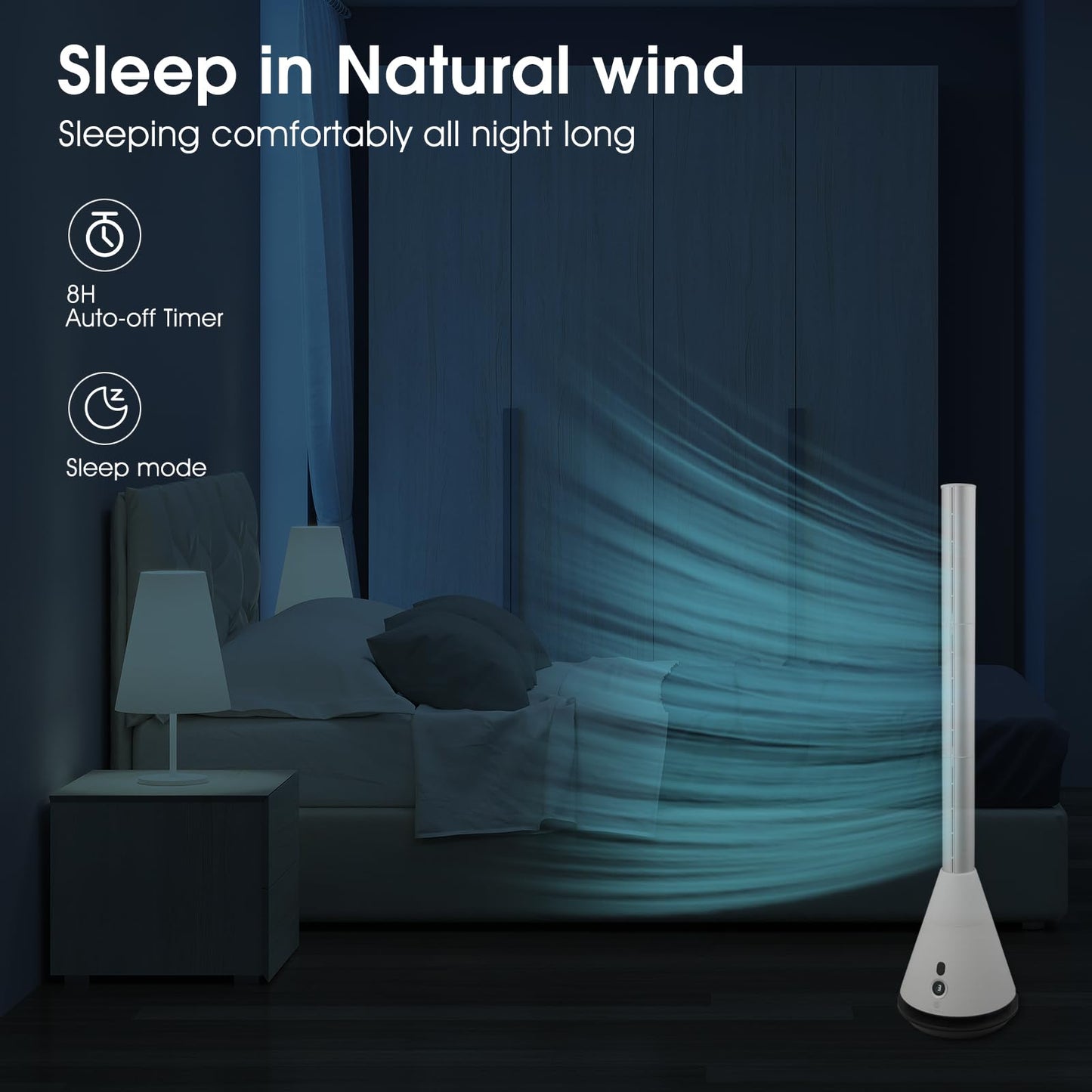 HINEIBER Bladeless Tower Fan with 9 Speeds, 80° Wide Oscillating Cooling Fan, Electric Standing Floor Fan with 8H Timer, Space-Saving Design for Bedroom Office