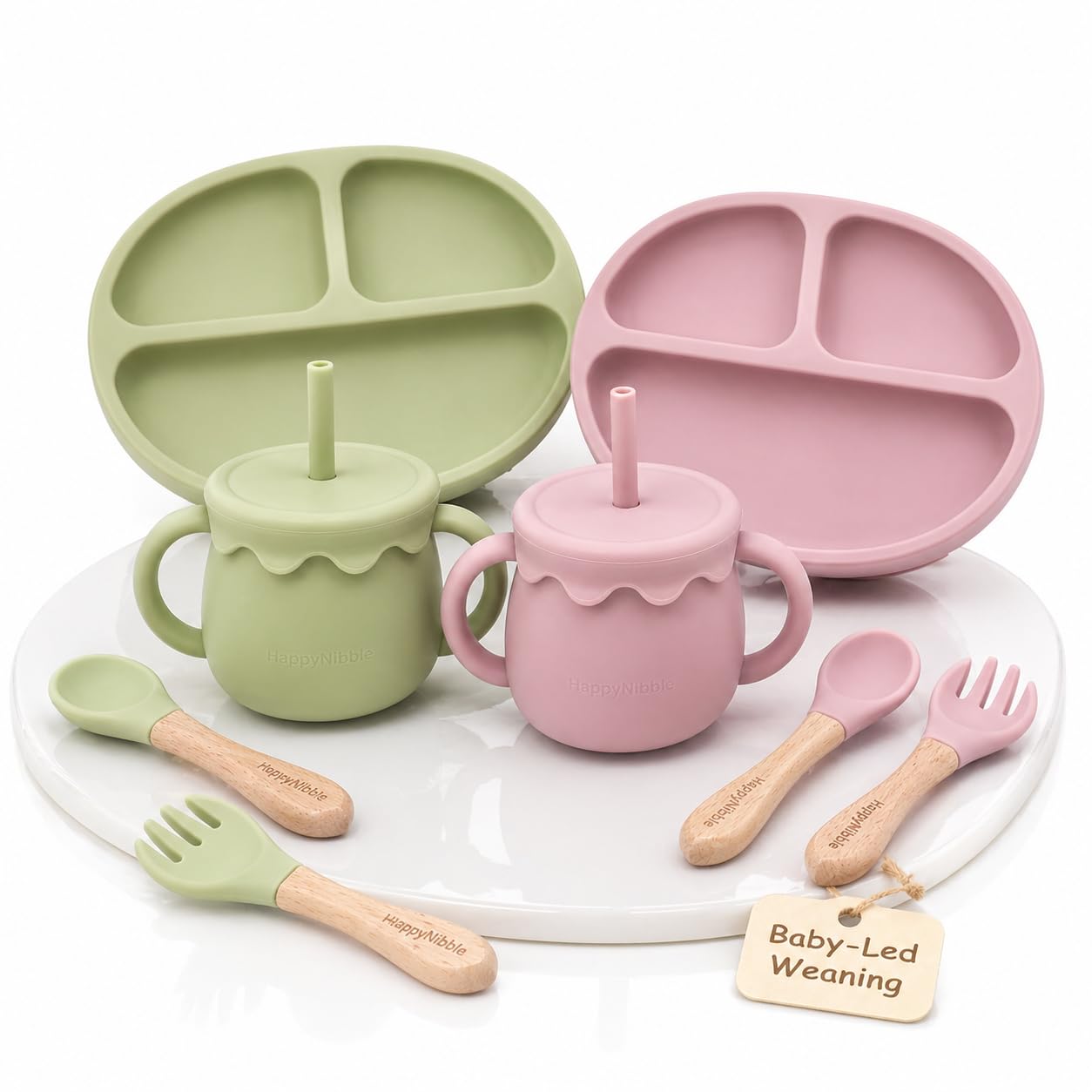 HappyNibble Baby Led Weaning Silicone Feeding Set, 2 Pack - Divided Suction Plates with Lids, 2-in-1 Sippy Cups, Spoons & Forks for Babies 6-36 Months, First Foods Shower Gift, BPA Free