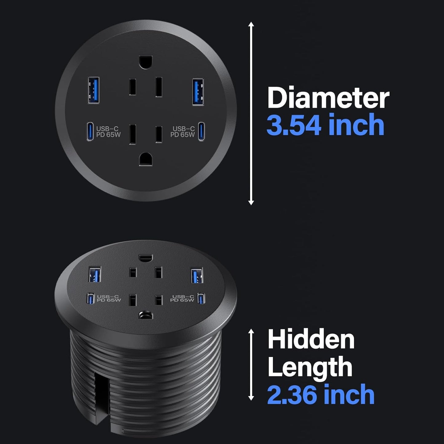 Jgstkcity Grommet, 65W 3inch Hole,2 Outlets,4 Countertop 65W Desktop Power USB C Fast Charging Port, Flush Mount
