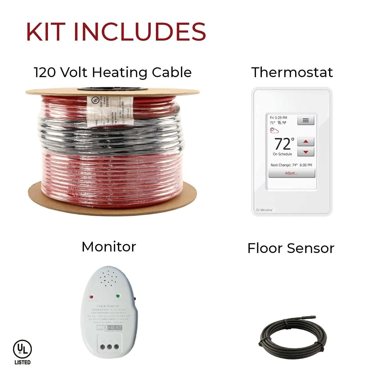 LuxHeat 130sqft Floor Heating Cable Kit - 120v Heated Bathroom Floor Kit - Heated Flooring System Includes UWG4 WiFi Programmable Thermostat w/GFCI, Heating Cable, Alarm & Flooring Sensor