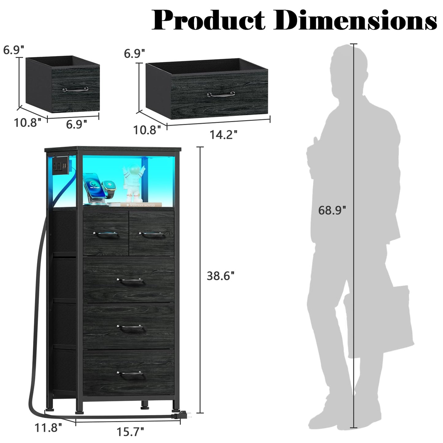 Furnulem Dresser for Bedroom, Tall Nightstand, Vertical Chest with Wood Top, Charging Station, LED Lights, 5 Fabric Bins, Bedside Table with Shelf, Furniture for Entryway (5 Drawer, Black Oak)