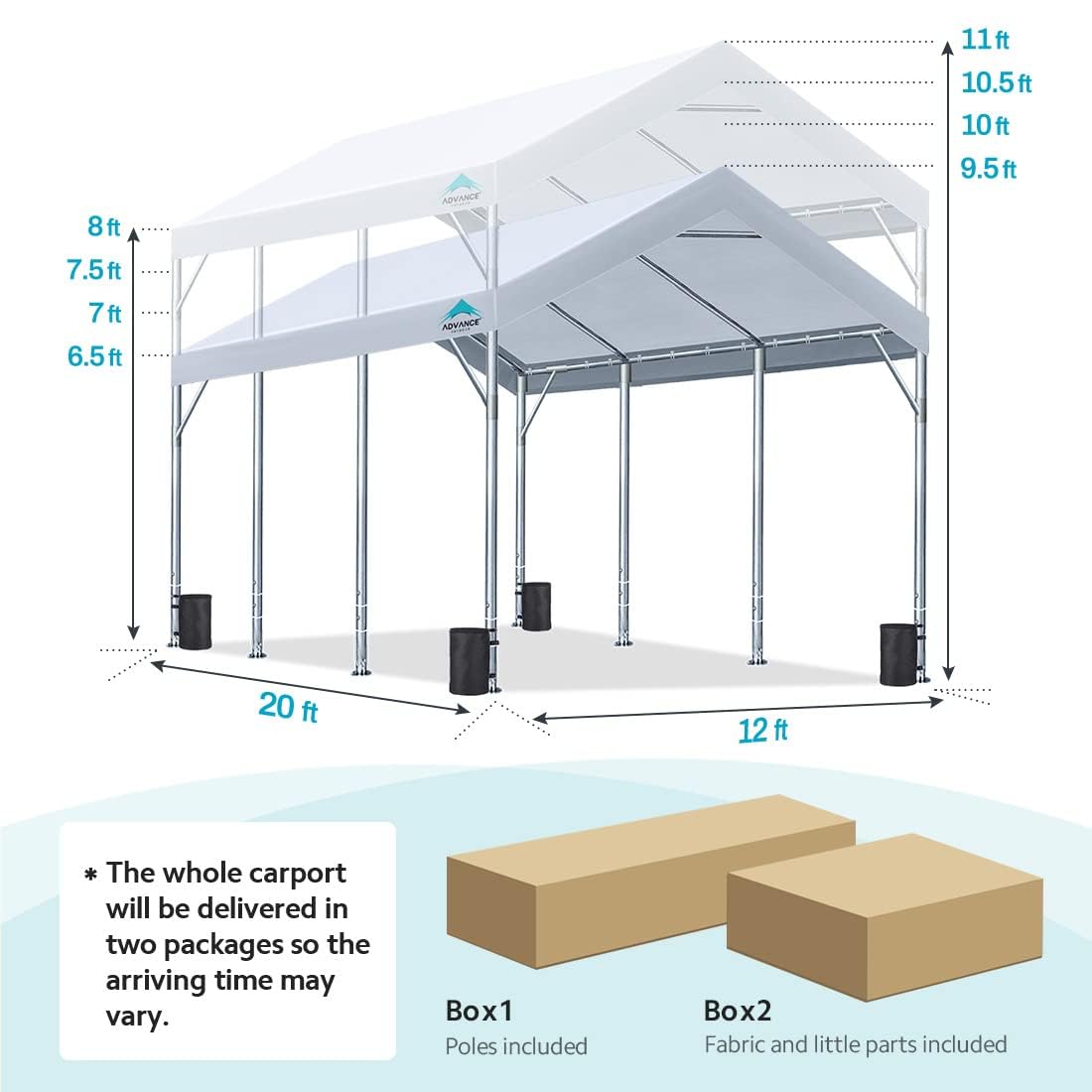 ADVANCE OUTDOOR 12x20 ft Heavy Duty Carport Potable Car Canopy Garage Party Tent Boat Shelter, Adjustable Height from 9.5 ft to 11 ft, White