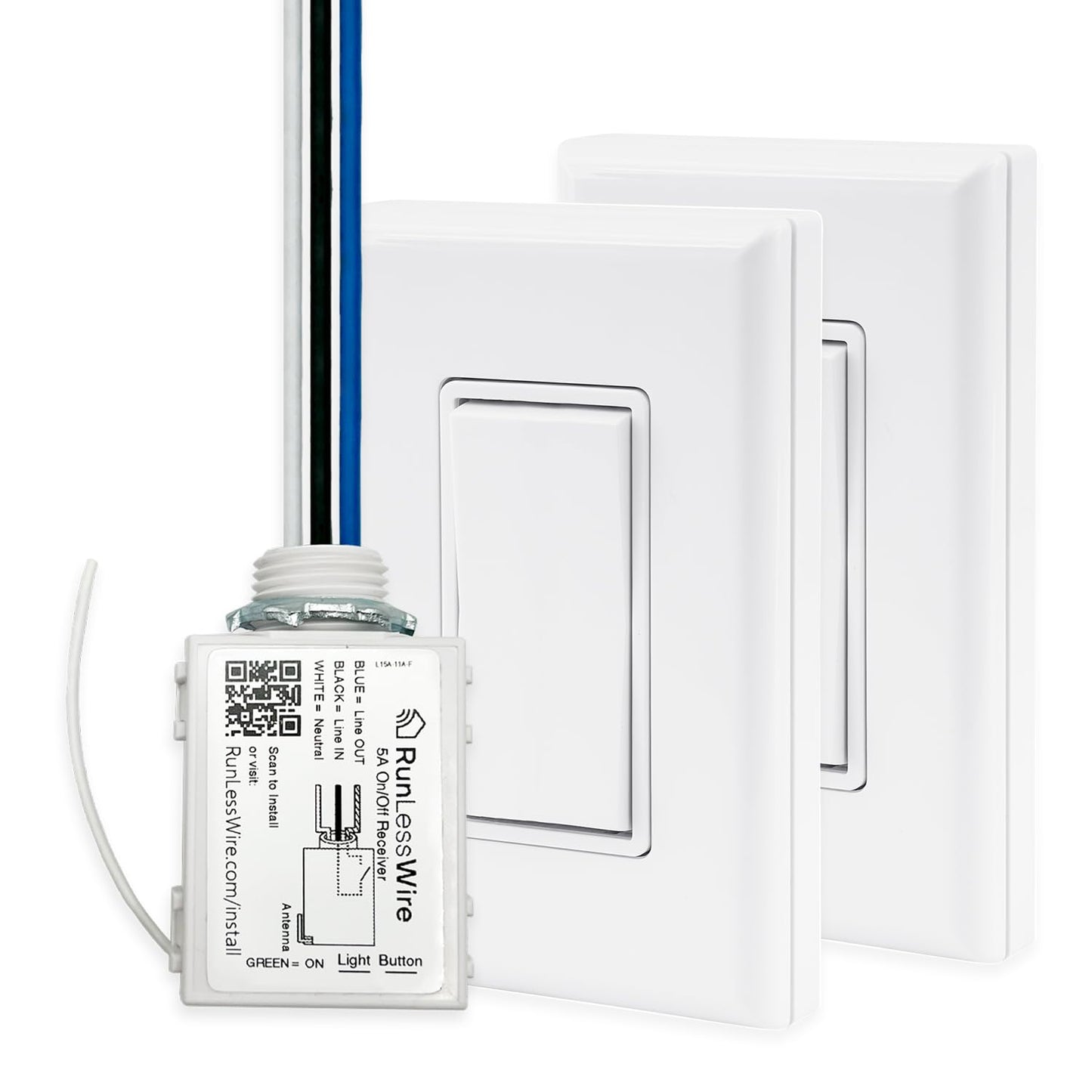 RunLessWire 3-Way Battery-Free DIY Wireless Light Switch Kit 150ft RF Range Self-Powered by Kinetic Energy for Hallways & Stairways: 2 Remote Switches Control 1 5A On/Off Receiver White