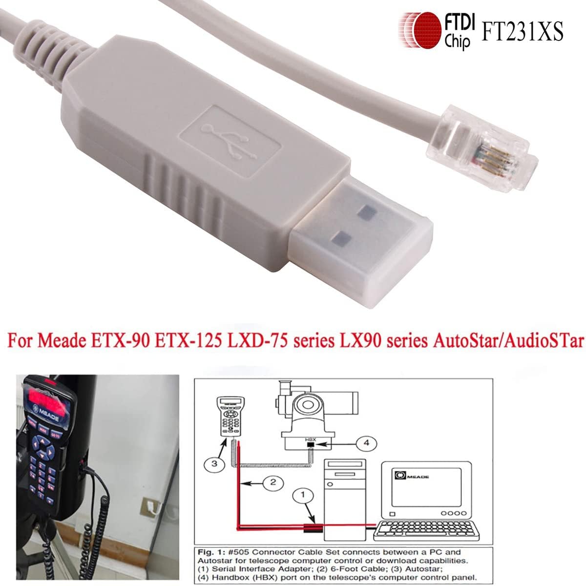 RJ9 RS232 #505 ETX127 ETX125 ETX-90 LXD75 LX80 LX90 LX65 (Length:16FT) usangreen USB to Autostar Audiostar Interface