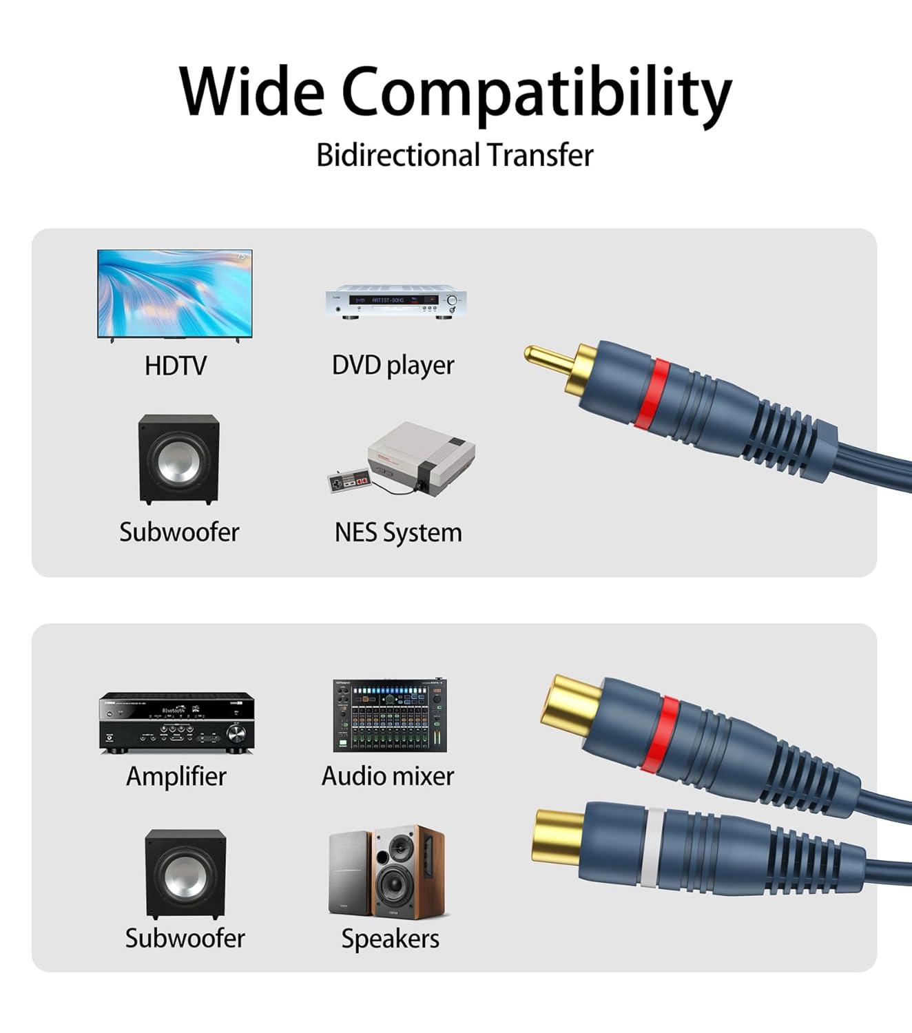 1 2 2 Pack, 0.2m/8inch RCA Splitter Male Female RCA Y Splitter Cable Audio Video Adapter Extension Cord for Subwoofer