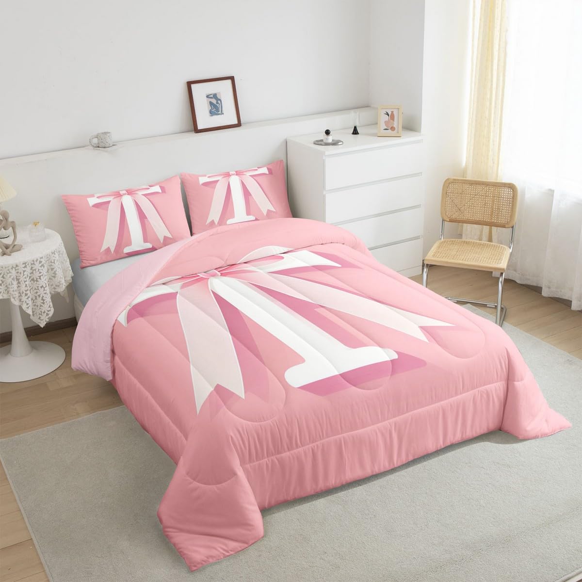 jejeloiu Kawaii Pink Bow Bedding Set, Queen Size, Decor Teen Girl Gifts Personalized Initial T Bedding Set, Ultra Soft Monogrammed Comforter Modern Fashion,Duvet Set Room Decor Quilt Set