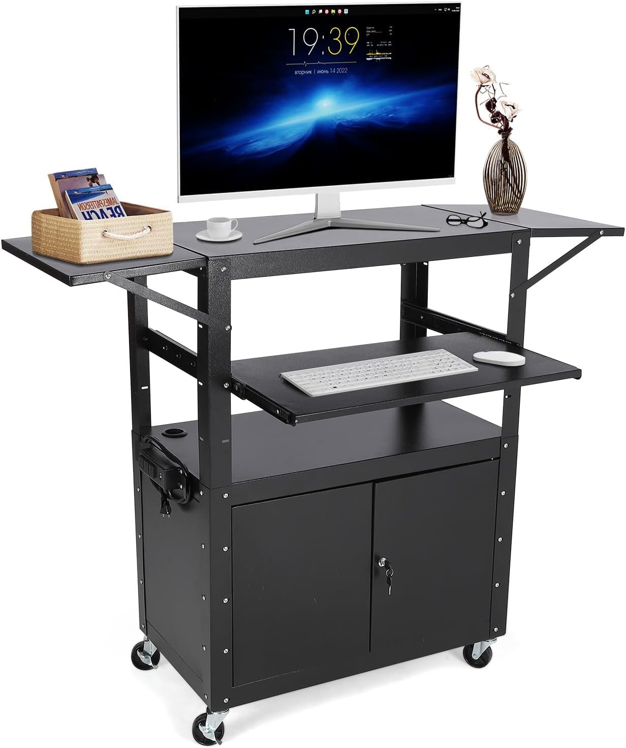 Rolling AV Cart with Locking Cabinet, Laptop Stand, and Drop Leaves, Height Adjustable Mobile Utility Cart Workstation with Extra Storage Space, Power Strip