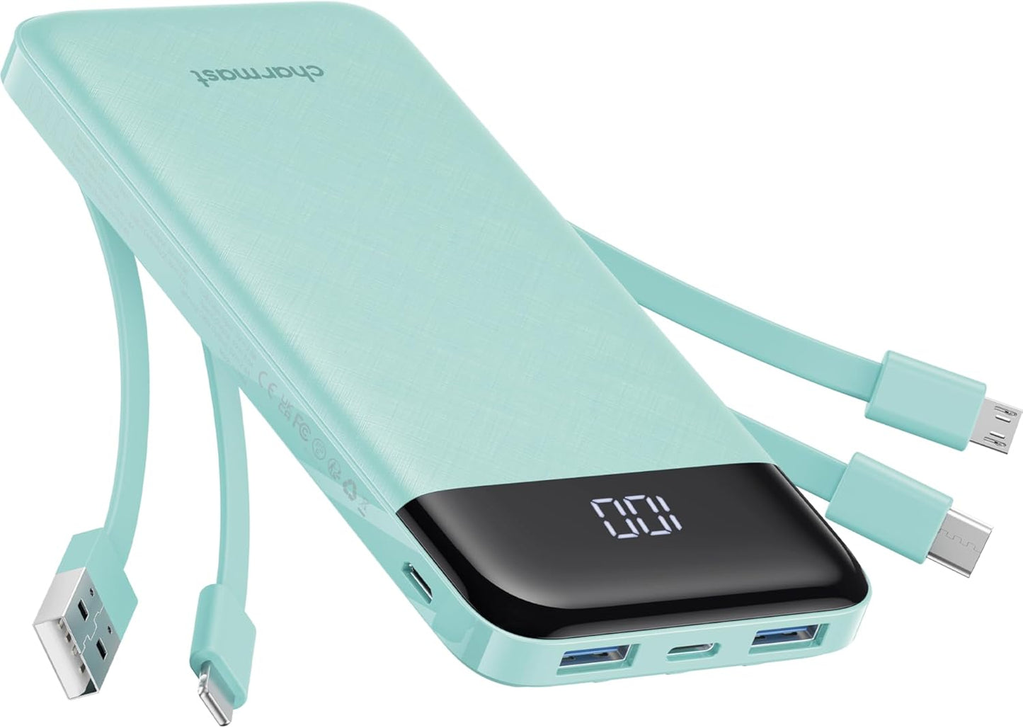 charmast 10000mAh Pack 6 3 5A Portable Charger with Built in Cables, Power Bank with Cords Wires, Slim Travel Battery