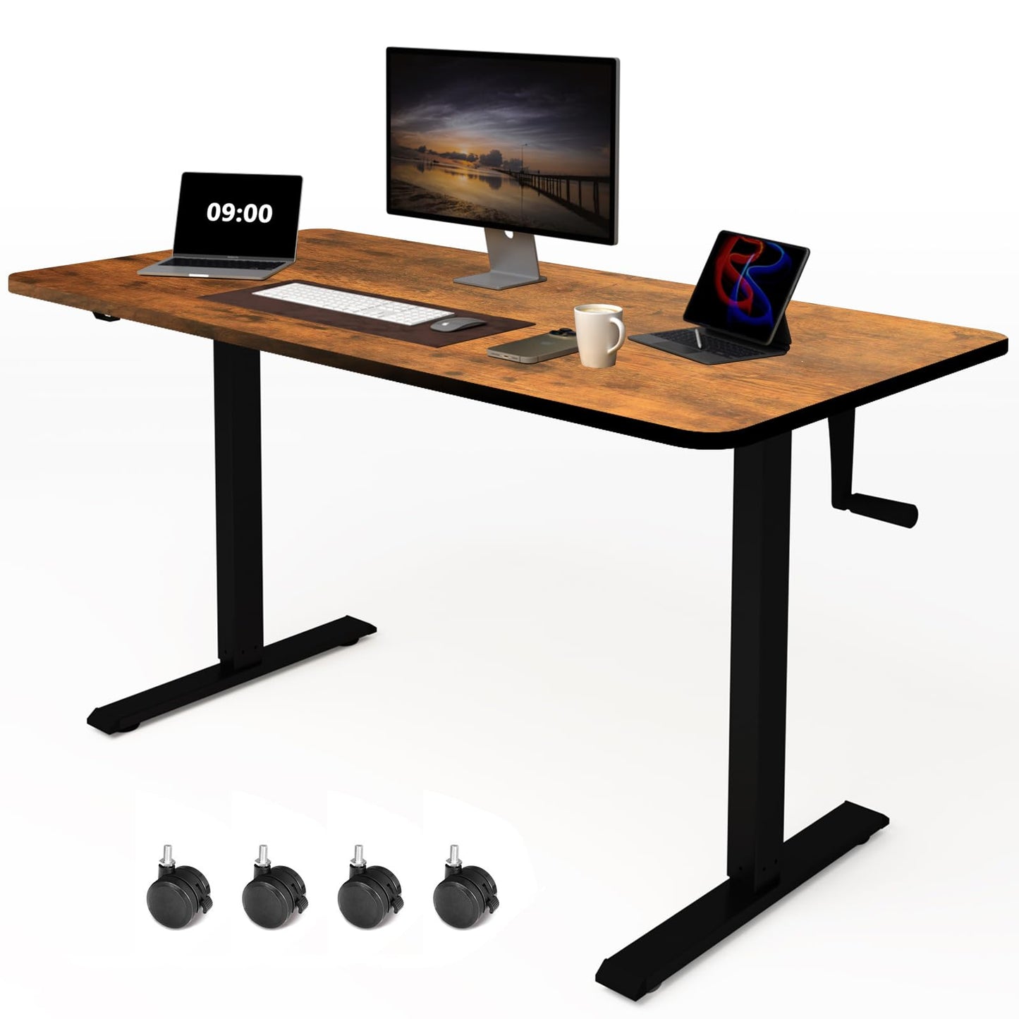 Whole Piece Manual Standing Desk Adjustable Height with Lockable Casters- Hand Crank Stand up Desk with Wheels, Mobile Sit to Stand Workstation with Handle