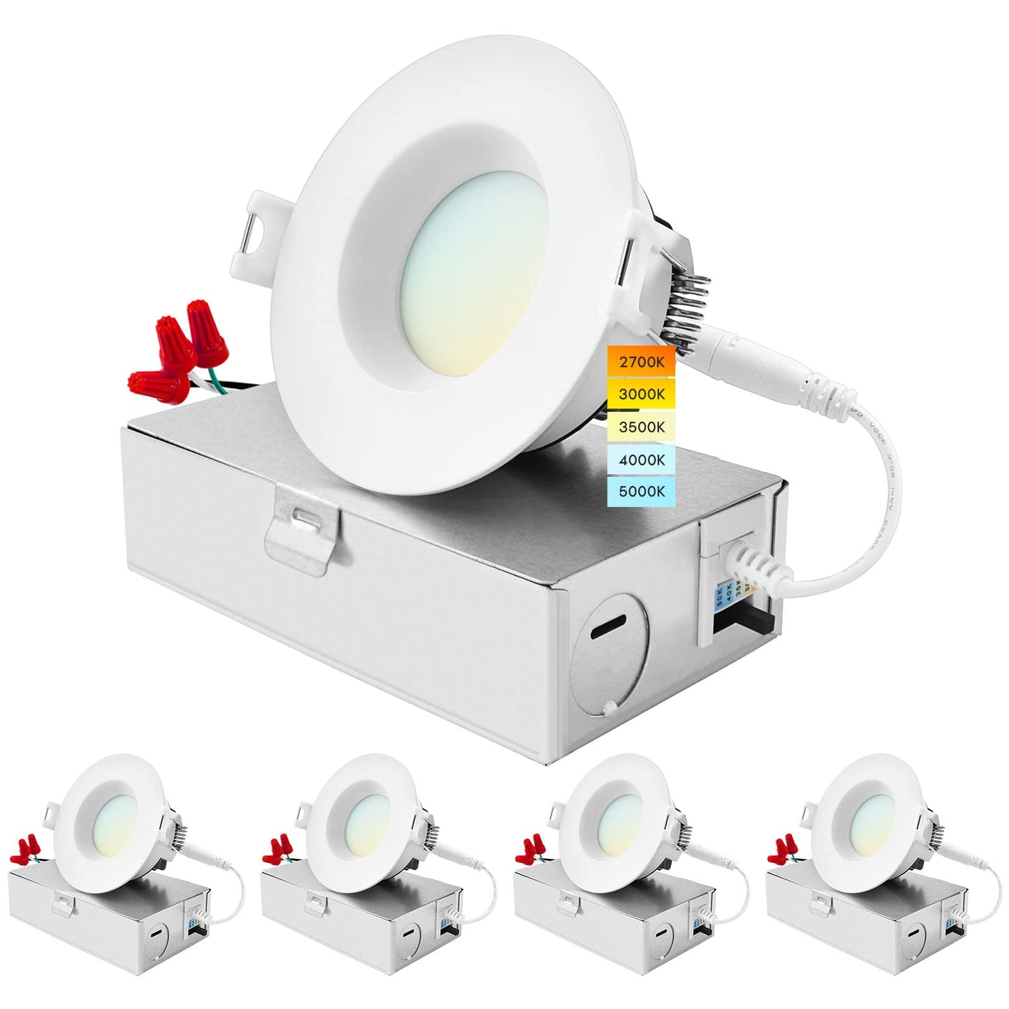 LUXRITE 3 Inch LED Recessed Ceiling Light with Junction Box, 10W, 5CCT Selectable 2700K/3000K/3500K/4000K/5000K, 800LM High Brightness, Dimmable Canless Downlight, Wet Rated, IC Rated, ETL (4 Pack)