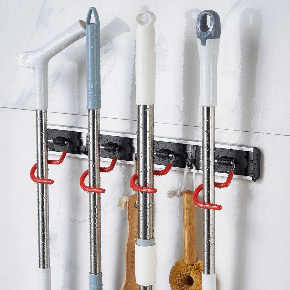 Skiennix Wall Mounted Mop and Broom Holder - Stainless Steel S-Type Organizer | 17-Inch, 4 Positions, 3 Hooks, Red/Black