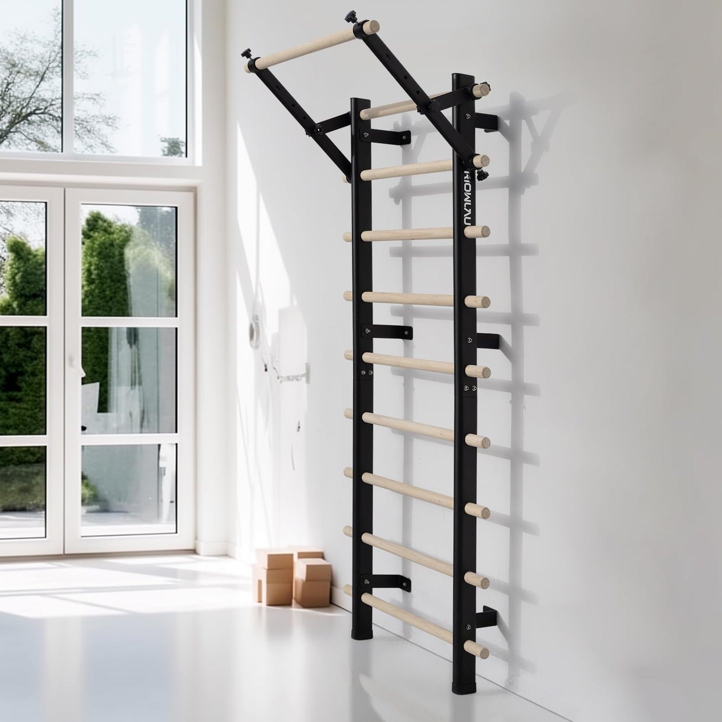 Swedish Ladder, Wood Stall Bar with Suspension Trainer Straps, Pull-Up Dip Bar Attachment, Strategic Rods, for Home, School, hysical Therapy and Gymnastics, Upgrade Installation