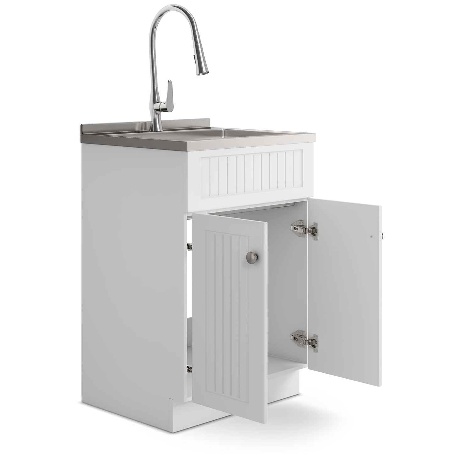 SIMPLIHOME Beckham All-in-One 24 inch Wide Utility Sink and Laundry Cabinet in Pure White Finish, Transitional Stainless Steel Sink Cabinet for Laundry Rooms with High-Arch Brushed Nickel Faucet