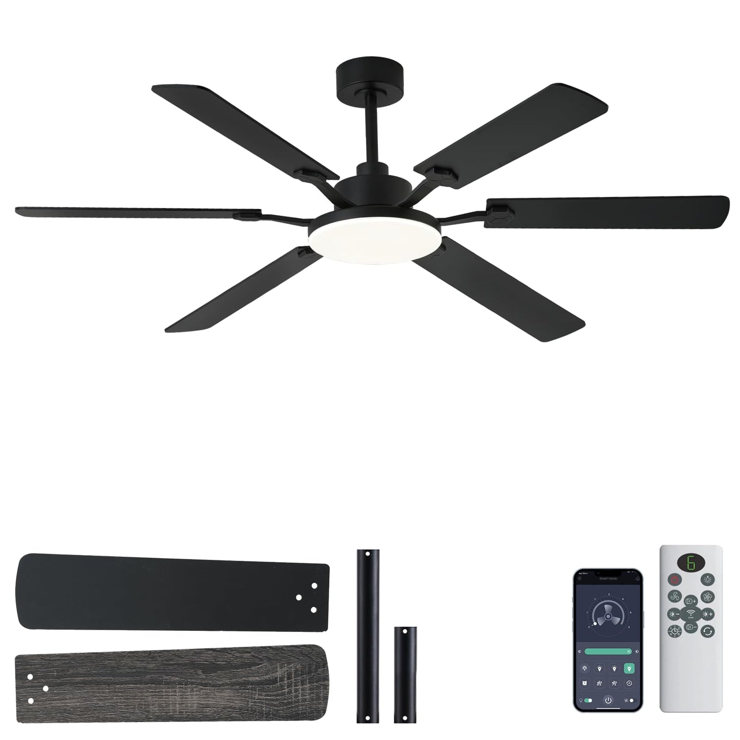 60 Inch Ceiling Fans with Lights, Large Modern Black Ceiling Fan with Light and Remote Control, 6 Double Sided Blades, 6 Speed Reversible Motor, Dimmable LED, Silent Timing, Indoor Outdoor Patio Use