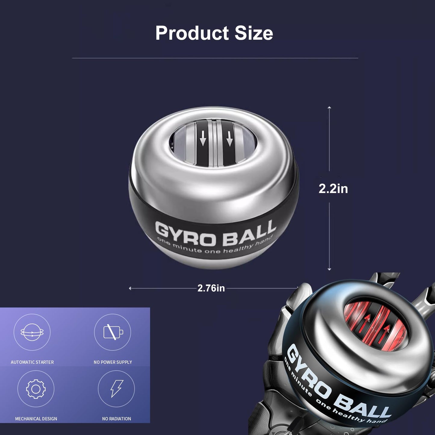 All-Metal Power Gyro Ball(2026 New 6-Level Color-Shifting), Weighted Auto-Start Hand Wrist Forearm Trainer and Strengthener for Exercise Joint and Muscle with Led Light (with Ball Bag)