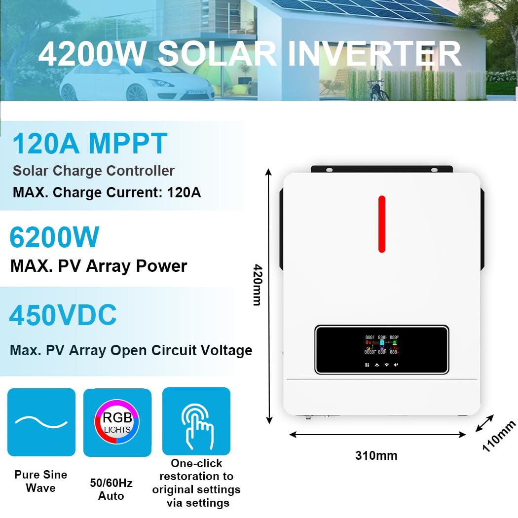 Y&H 4.2KW 24VDC Solar Hybrid Inverter AC220V Two Load Output Power, On/Off-Grid Built in 120A MPPT Solar Charger Max PV Power 6200W Input, for 48V Lead Acid/Lithium Battery, Supports Battery-Free use