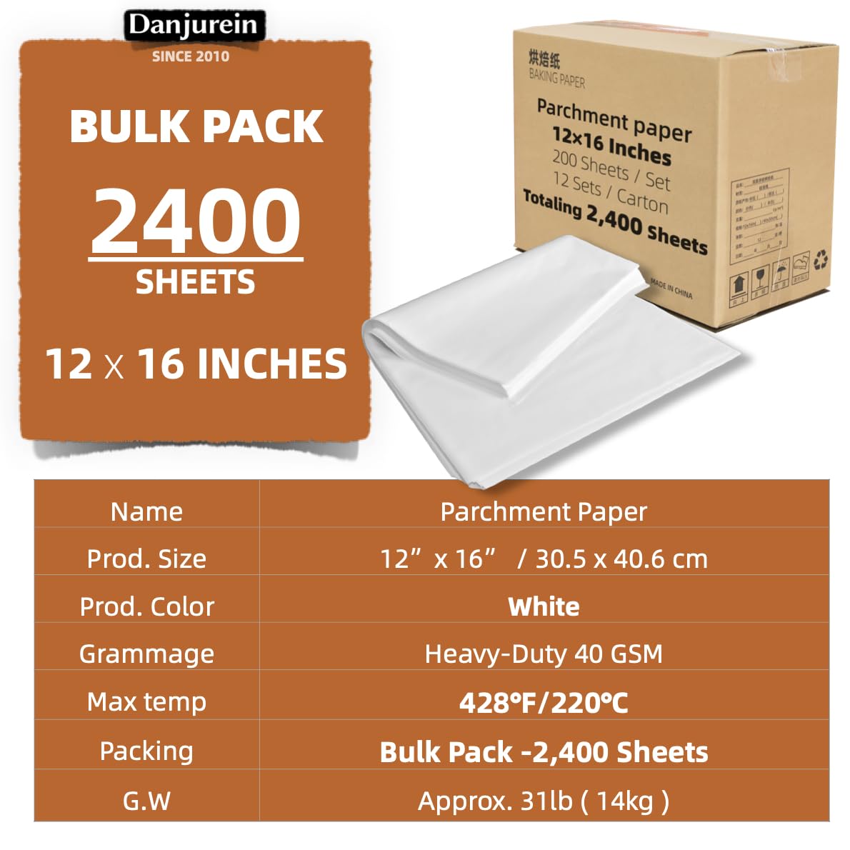 12x16 Inch - 2400 Bulk Sheets Precut Parchment Paper, Heavy-Duty Non-Stick Half-Sheet Liners for Baking Grilling Steaming Bread Cup Cake Cookie and More (White, 12"×16" (30.5×40.6cm) 2400 sheets)