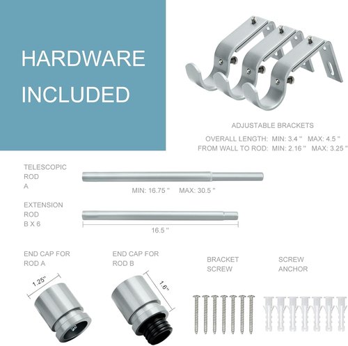 Byondeth Curtain Rods - Adjustable 16 to 120 Inches | 1 Inch Diameter with Aluminum End Cap, Silver Gray