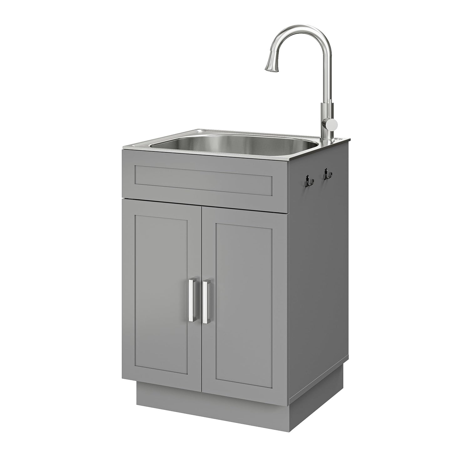 ANCTOR 24 Inch Laundry Sink with Cabinet, Stainless Steel Utility Sink Cabinet with Pull-Out Hot/Cold Faucet Metal Hooks Freestanding Deep Utility Sink for Laundry Utility Room Kitchen Garage