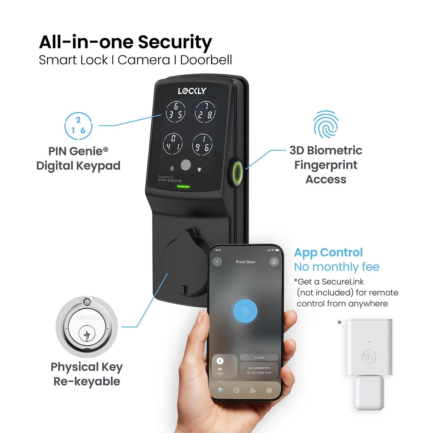 Lockly Secure Plus, Keyless Entry Door Lock, Smart Locks for Front Door, Smart Lock Deadbolt, PIN Genie® Keypad, 3D Biometric Fingerprint Sensor, Auto Lock Smart Door Lock