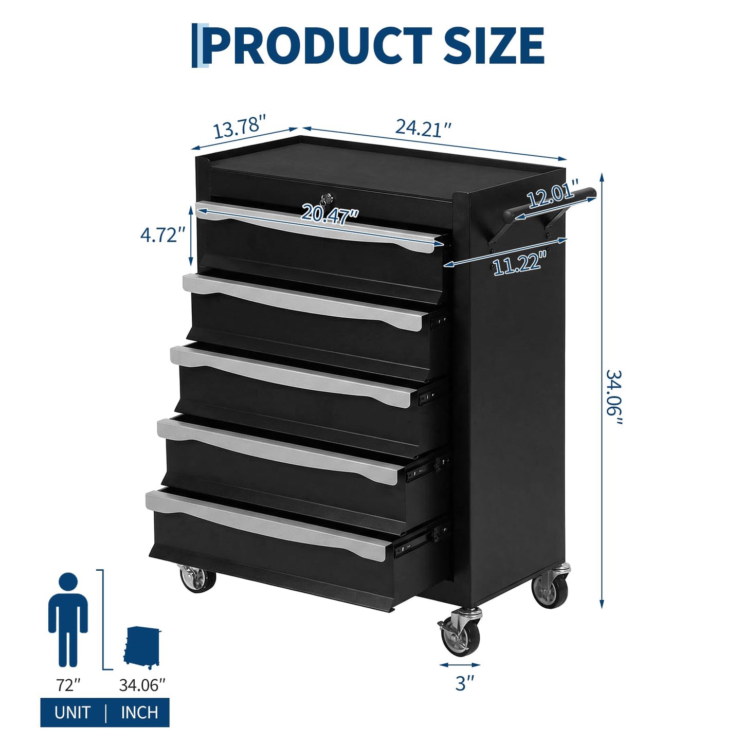 SierraSquad 5-Drawer Rolling Tool Chest with Lock, Tool Cabinet on Wheels, Includes Drawer Liners, Latch System & Link Buckle,Can Be Combined to Large Cabinet Set for Garage Workshop Storage, Black