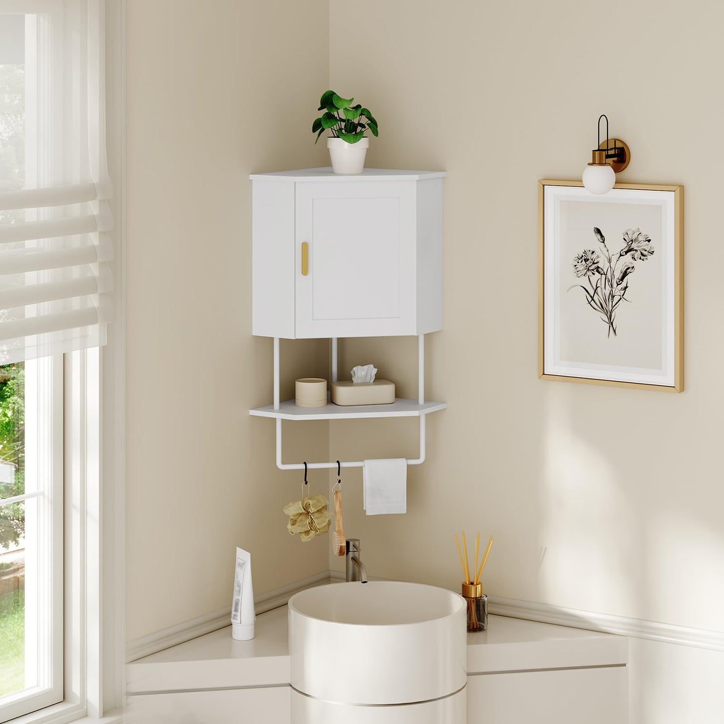 MAHANCRIS Bathroom Wall Cabinet, Corner Wall Mount Medicine Cabinet with Adjustable Shelf & Towel Bar, 3-Tier Over Toilet Storage Cabinets for Bathroom Laundry Room Kitchen, for Small Space, White
