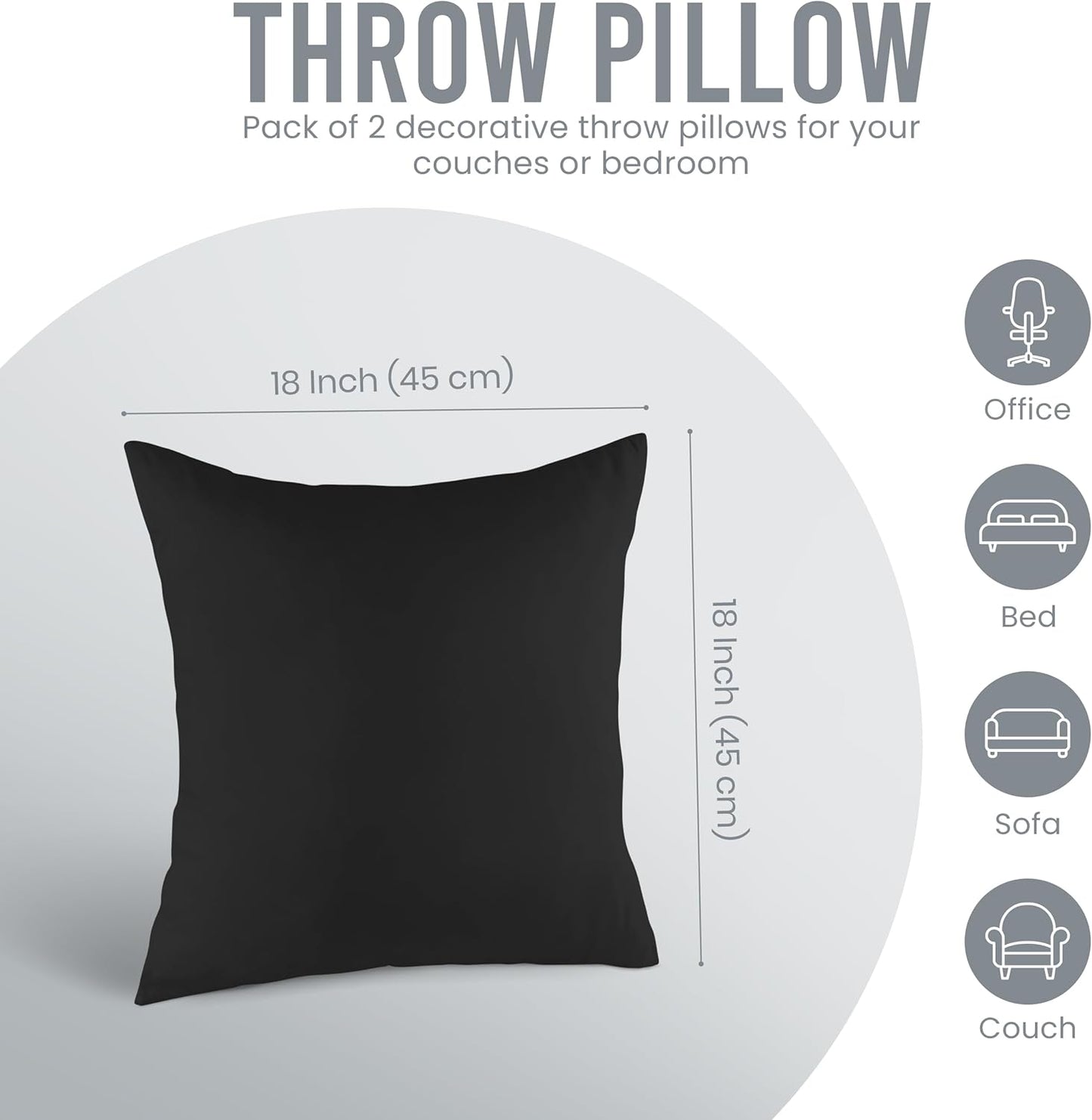 Utopia Bedding Pillow Inserts - Set of 2, 18x18 Black Decorative Cushions for Sofa & Bed - Soft & Fluffy